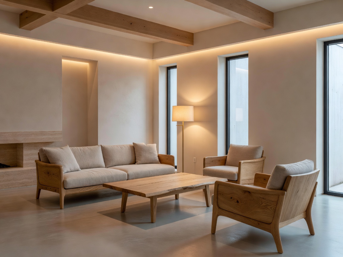 Architectural living room with natural oak furniture and balanced multi-layered ambient lighting