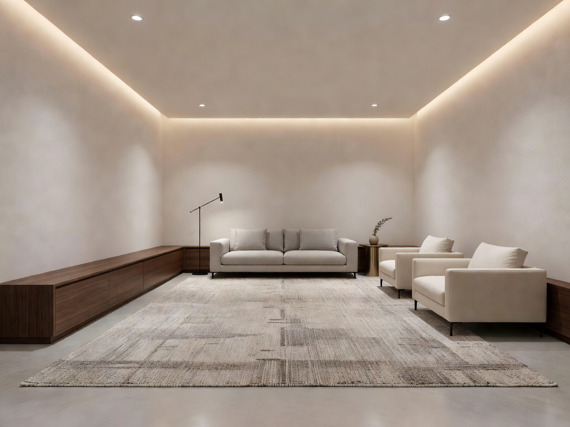 Balanced modern living room interior with perimeter lowboard, textured rug, and architectural layered lighting