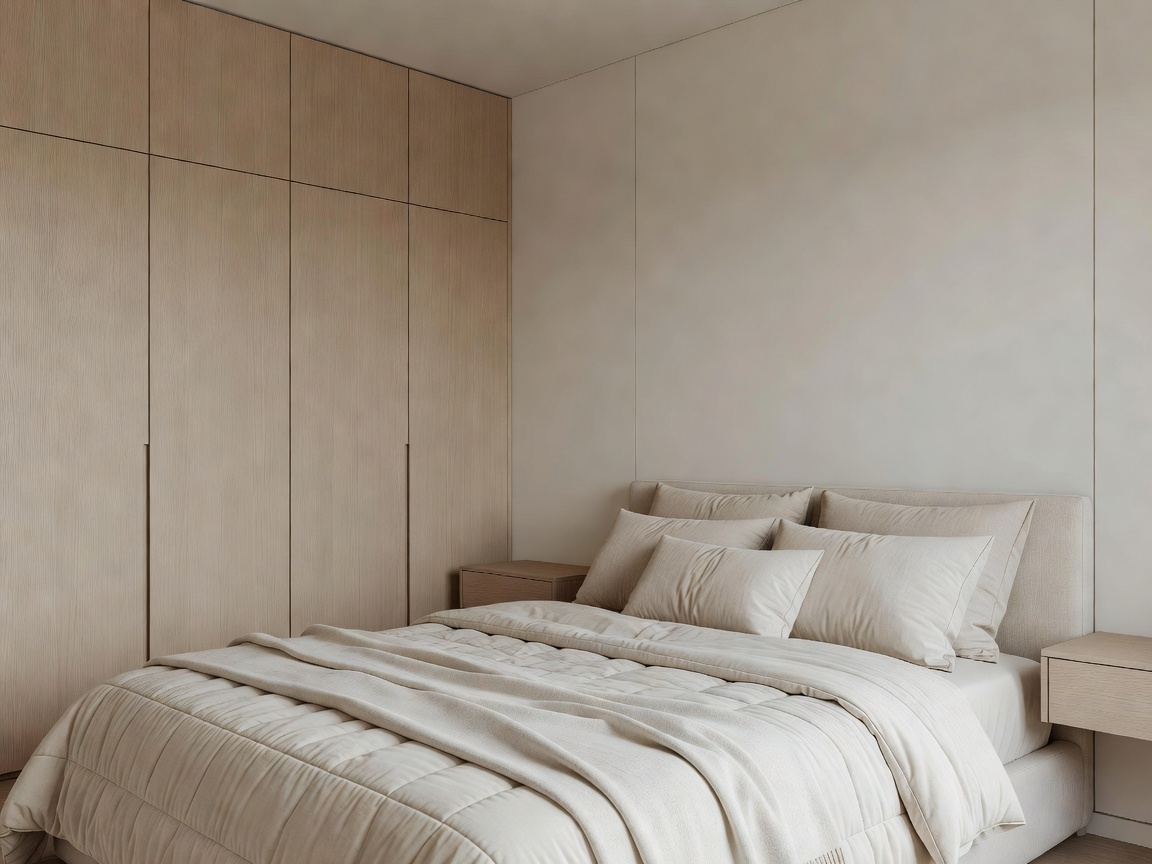 Compact bedroom designed with ceiling-height built-in wardrobes, wall-hung nightstands, and soft neutral textiles