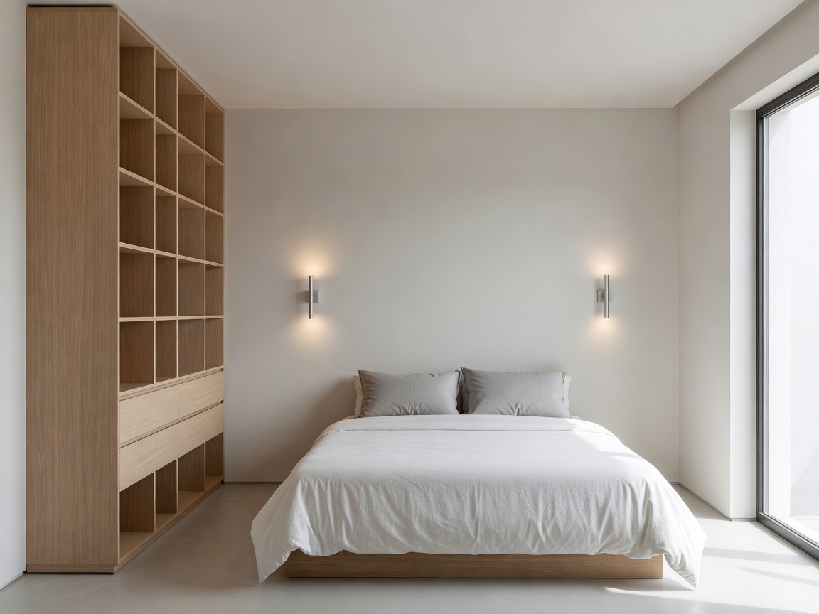 Compact modern bedroom featuring built-in vertical storage and minimalist wall sconces