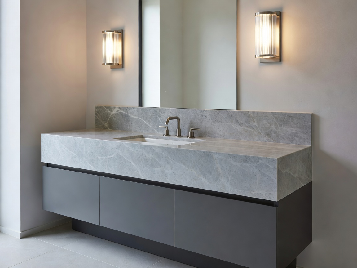Contemporary bathroom vanity with twin fluted glass sconces, natural stone countertop, and brushed nickel tapware