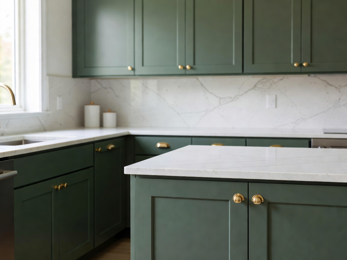 Freshly refinished shaker kitchen cabinets in rich sage green with solid brass cup pulls and quartz countertops