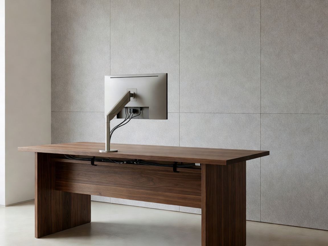 Minimalist home office with solid wood desk, acoustic wall paneling, monitor arm, and organized cable management