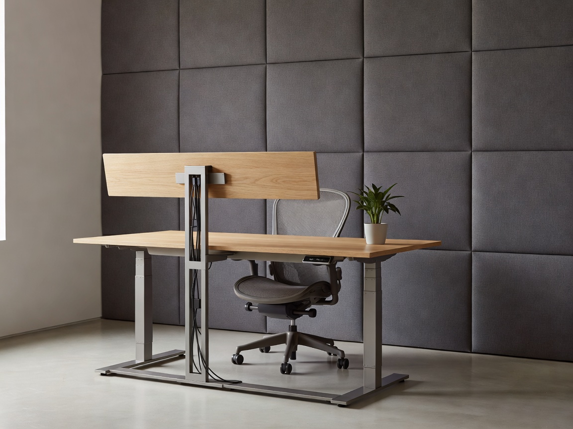 Quiet home workspace with motorized desk, cable management spine, and acoustic wall panels