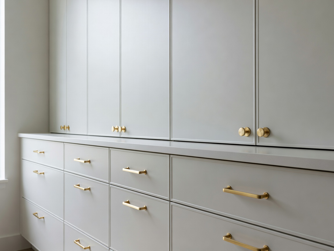 Refinished kitchen millwork with modern matte enamel finish and satin brass architectural hardware
