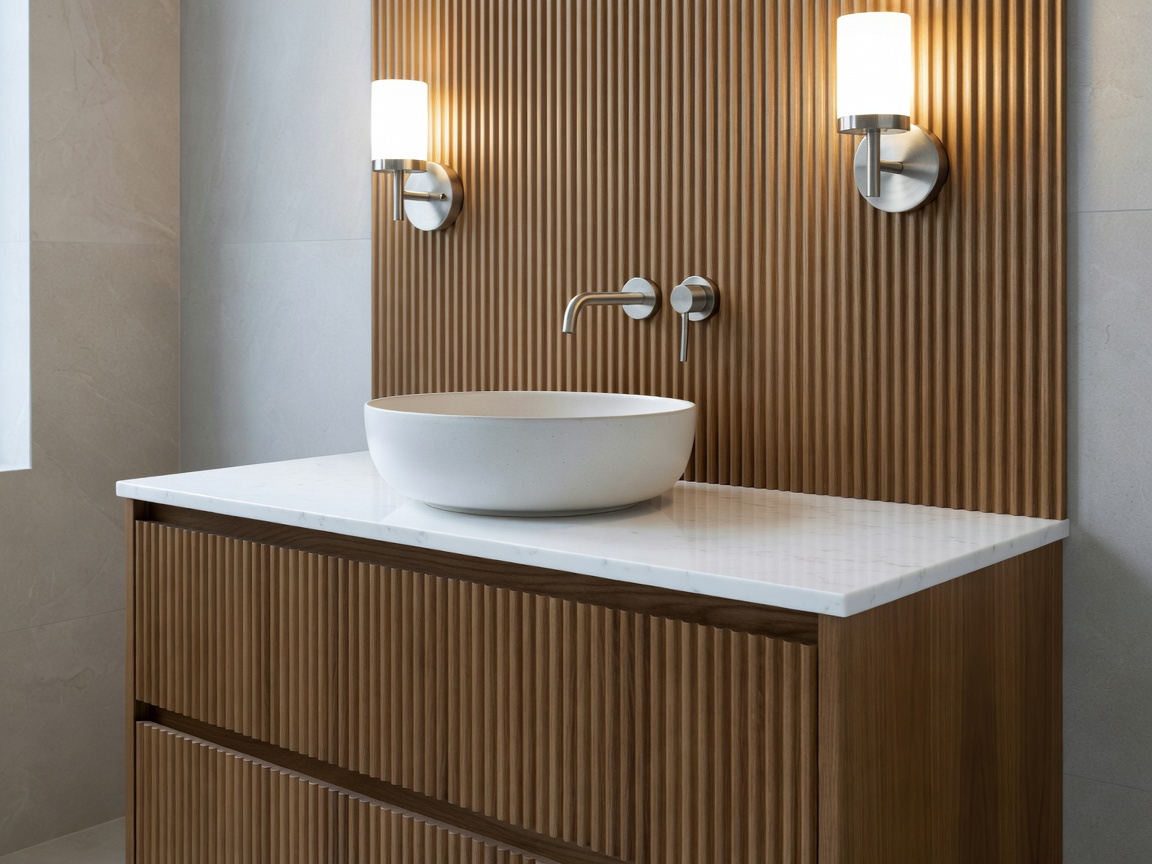 Renovated bathroom vanity with fluted timber front, dual sconces, and ceramic vessel basin